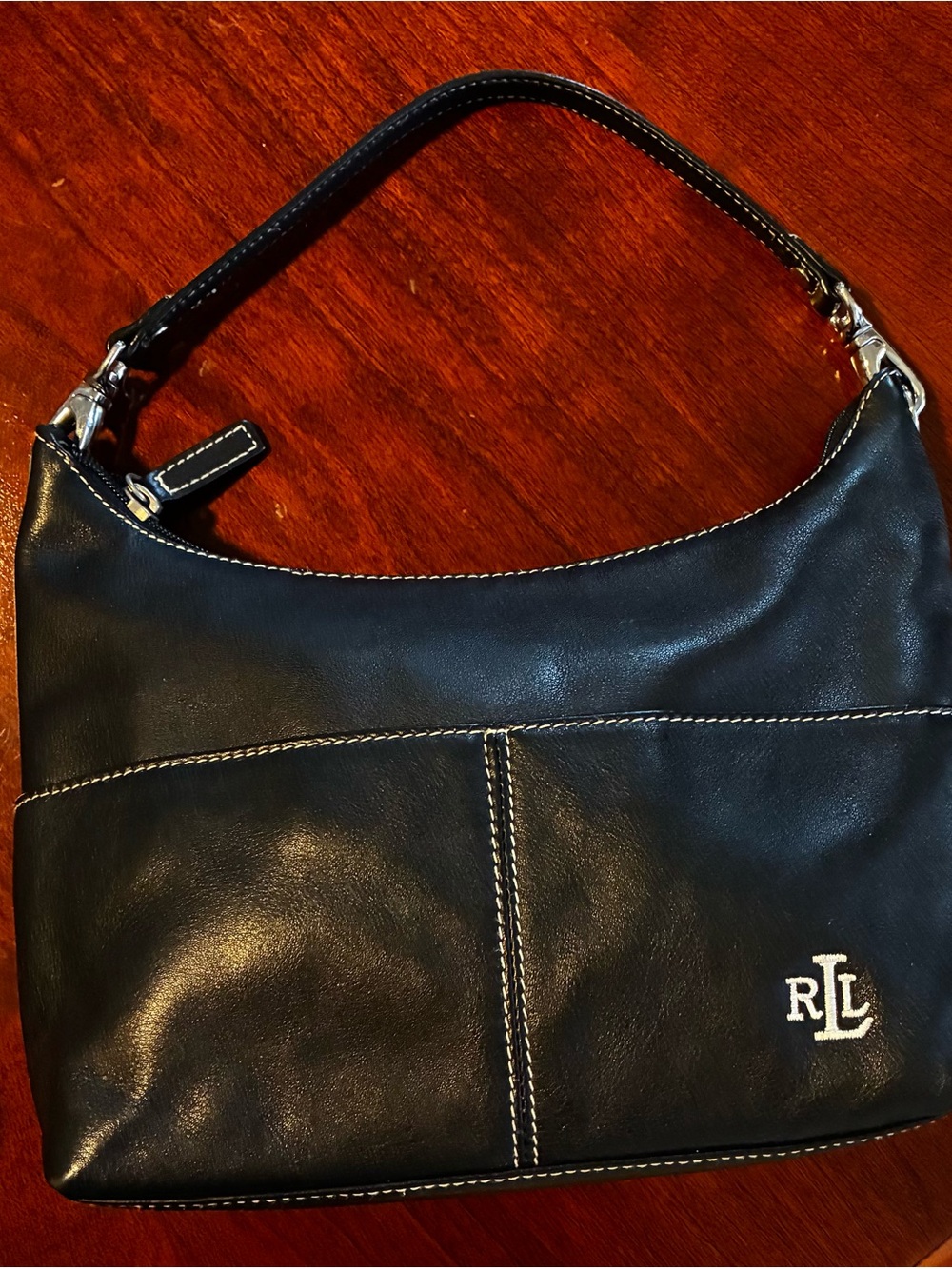 Lauren Ralph Lauren Black Leather Shoulder Bag with Silver Hardware Logo